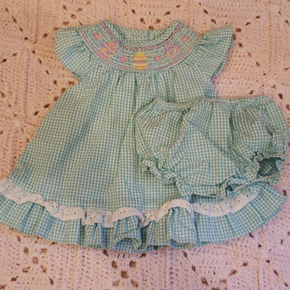 Seersucker and eyelet ruffle dress and bloomers